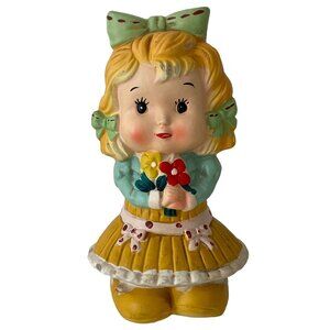 Vintage Girl Holding Flower COIN BANK Japan Ceramic Chalkware 1960's Decor AS IS